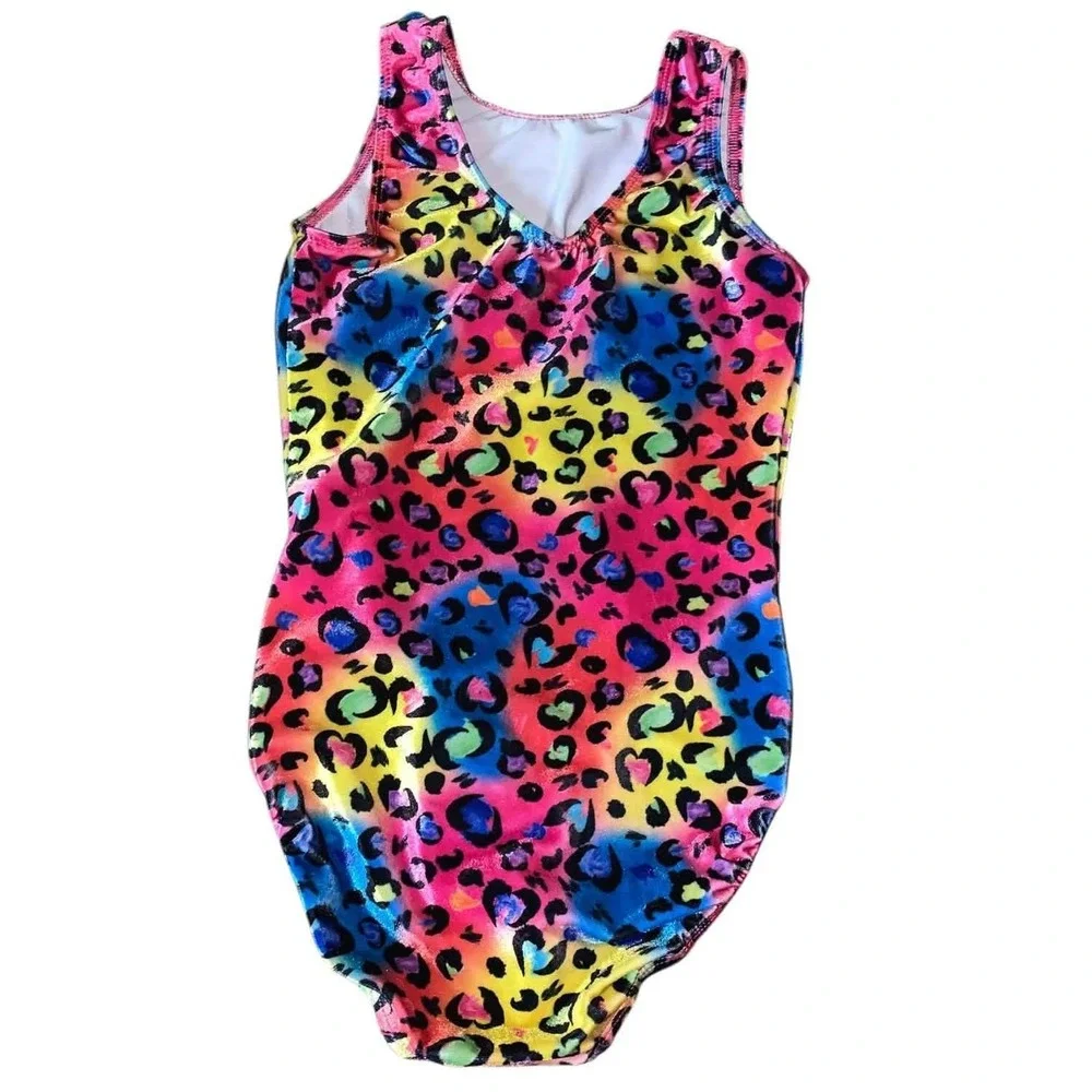 GK Elite Leotard Kids CL Multicolor Leopard Heart Foil Gym Lisa Frank  80s Funky
